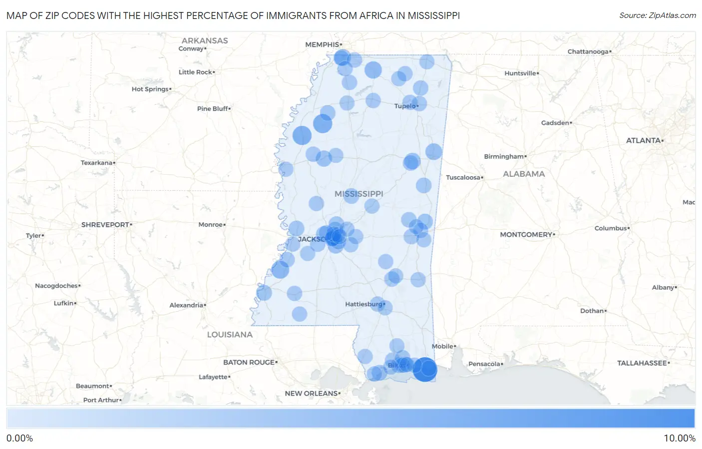 Zip Codes with the Highest Percentage of Immigrants from Africa in Mississippi Map