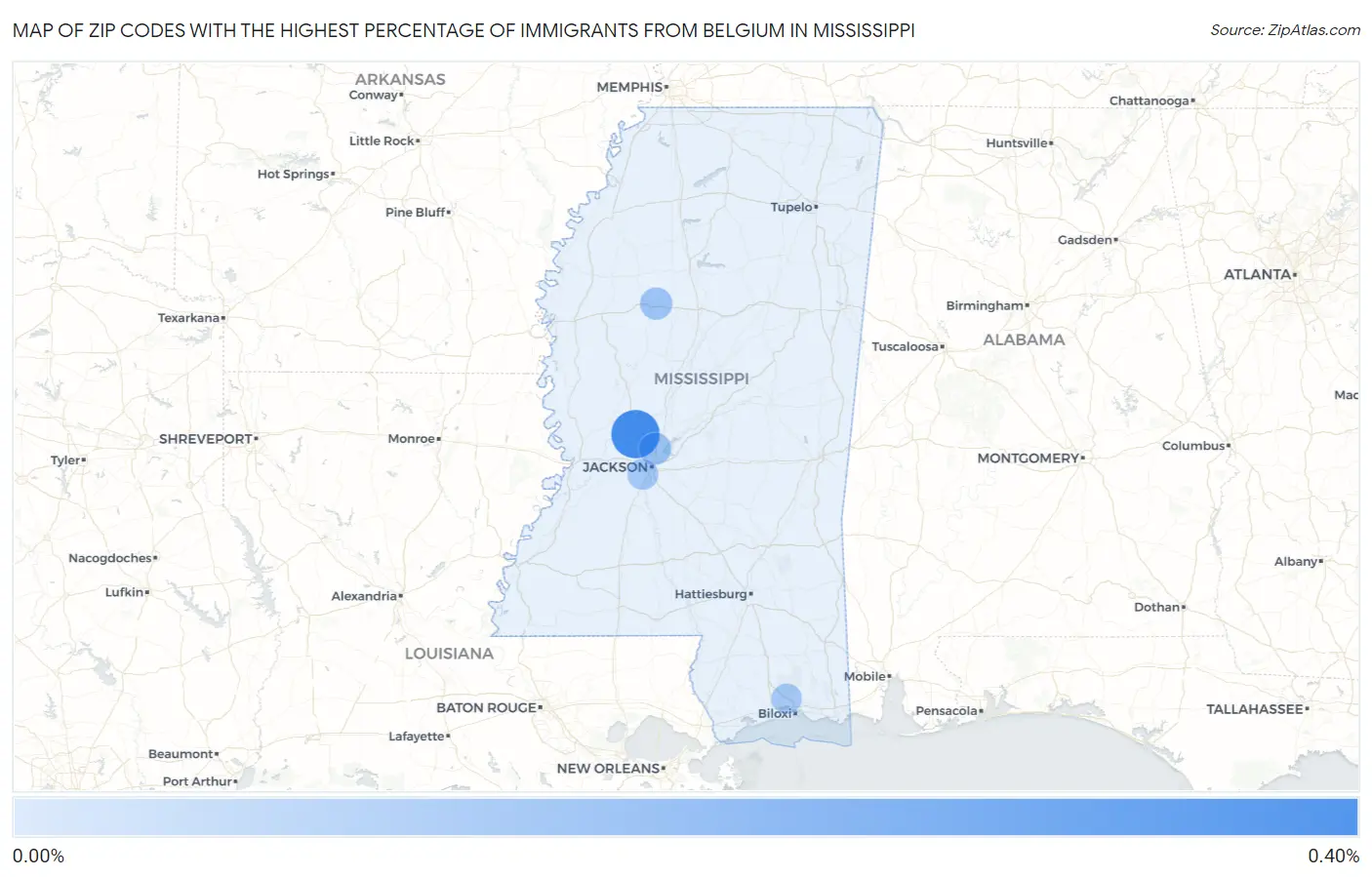 Zip Codes with the Highest Percentage of Immigrants from Belgium in Mississippi Map