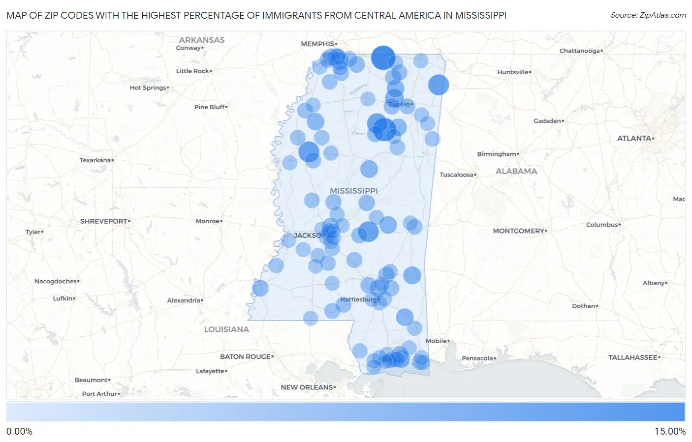 Zip Codes with the Highest Percentage of Immigrants from Central America in Mississippi Map