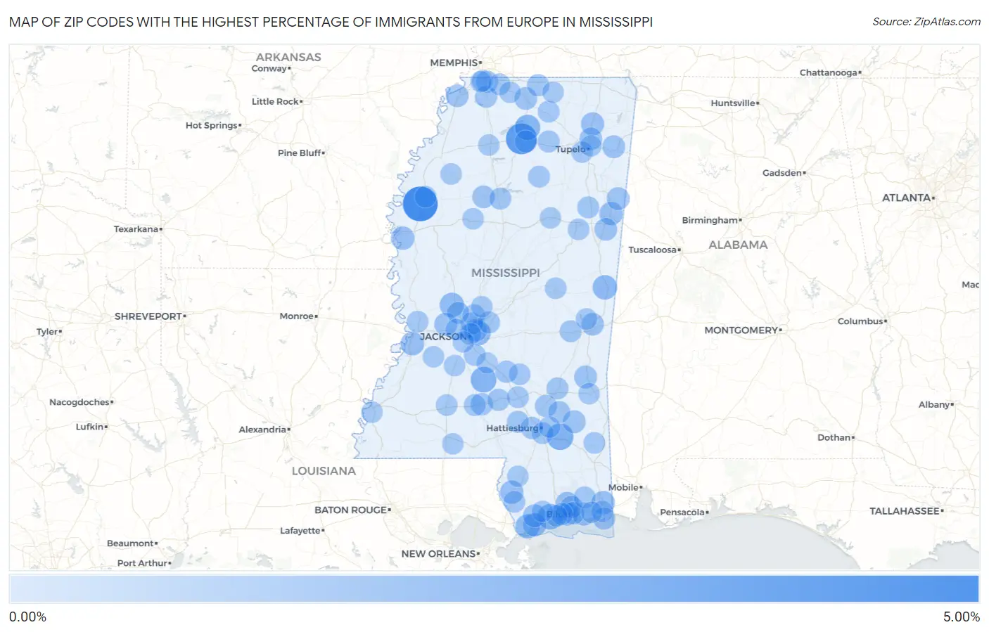 Zip Codes with the Highest Percentage of Immigrants from Europe in Mississippi Map