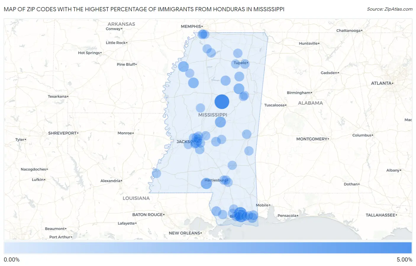 Zip Codes with the Highest Percentage of Immigrants from Honduras in Mississippi Map