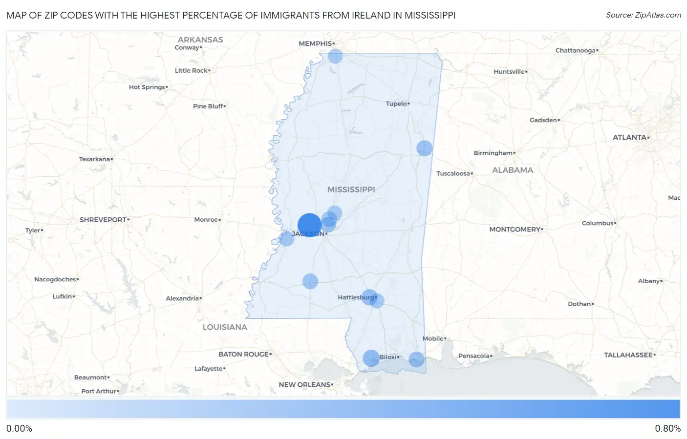 Zip Codes with the Highest Percentage of Immigrants from Ireland in Mississippi Map