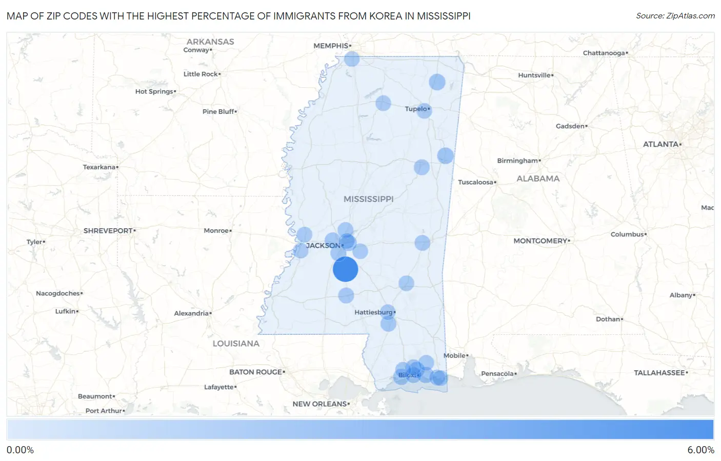 Zip Codes with the Highest Percentage of Immigrants from Korea in Mississippi Map