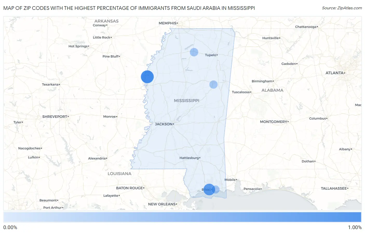 Zip Codes with the Highest Percentage of Immigrants from Saudi Arabia in Mississippi Map