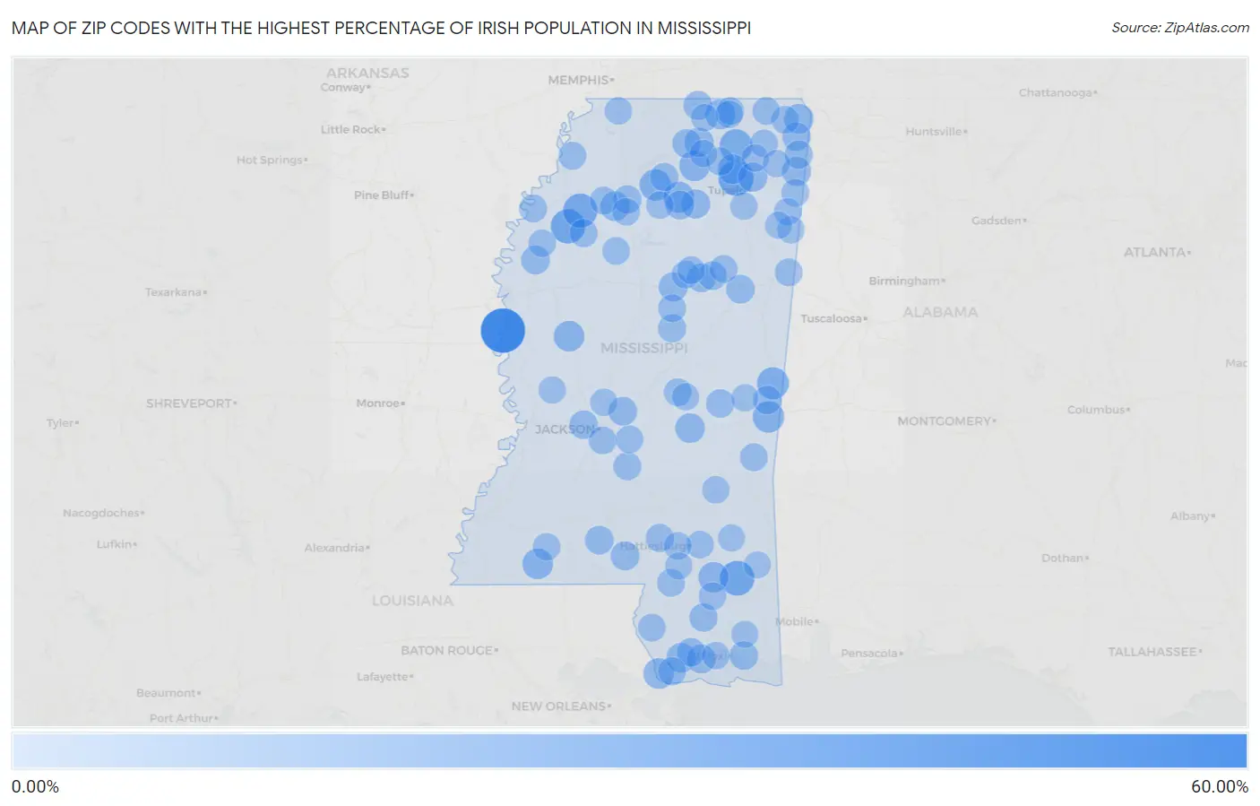 Zip Codes with the Highest Percentage of Irish Population in Mississippi Map