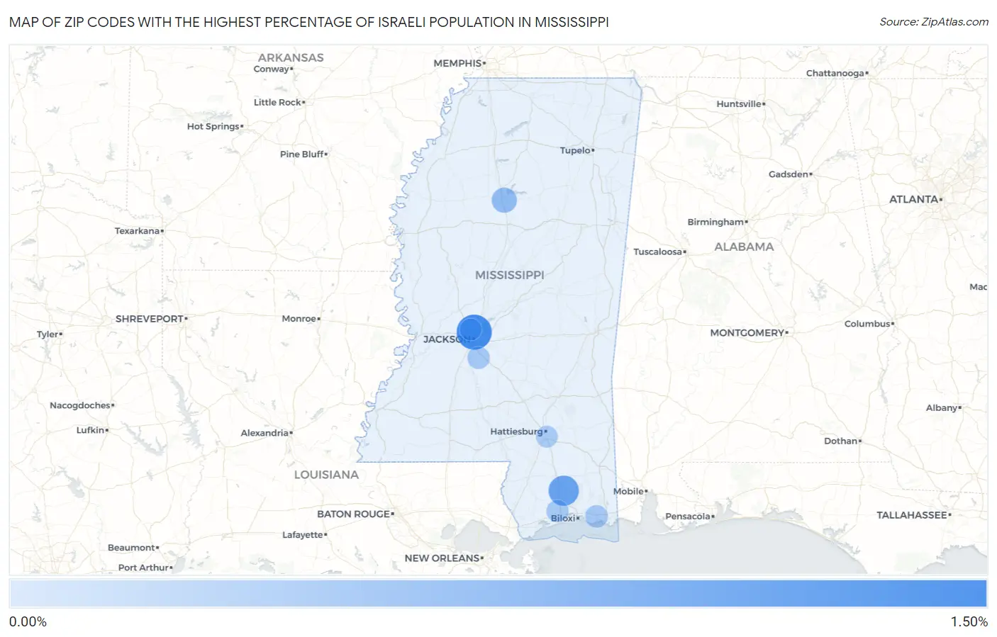 Zip Codes with the Highest Percentage of Israeli Population in Mississippi Map