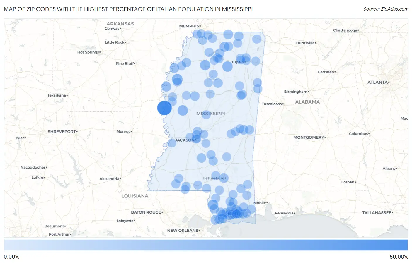 Zip Codes with the Highest Percentage of Italian Population in Mississippi Map