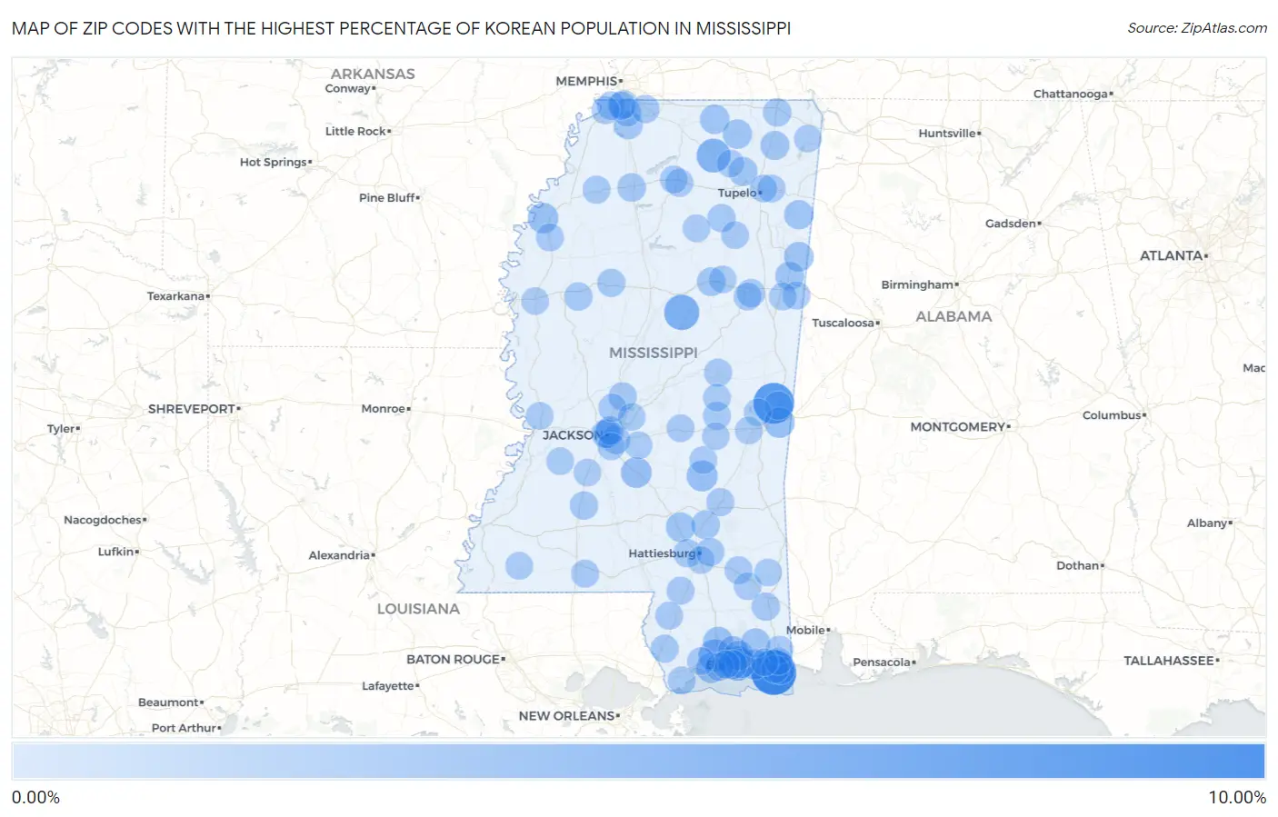 Zip Codes with the Highest Percentage of Korean Population in Mississippi Map