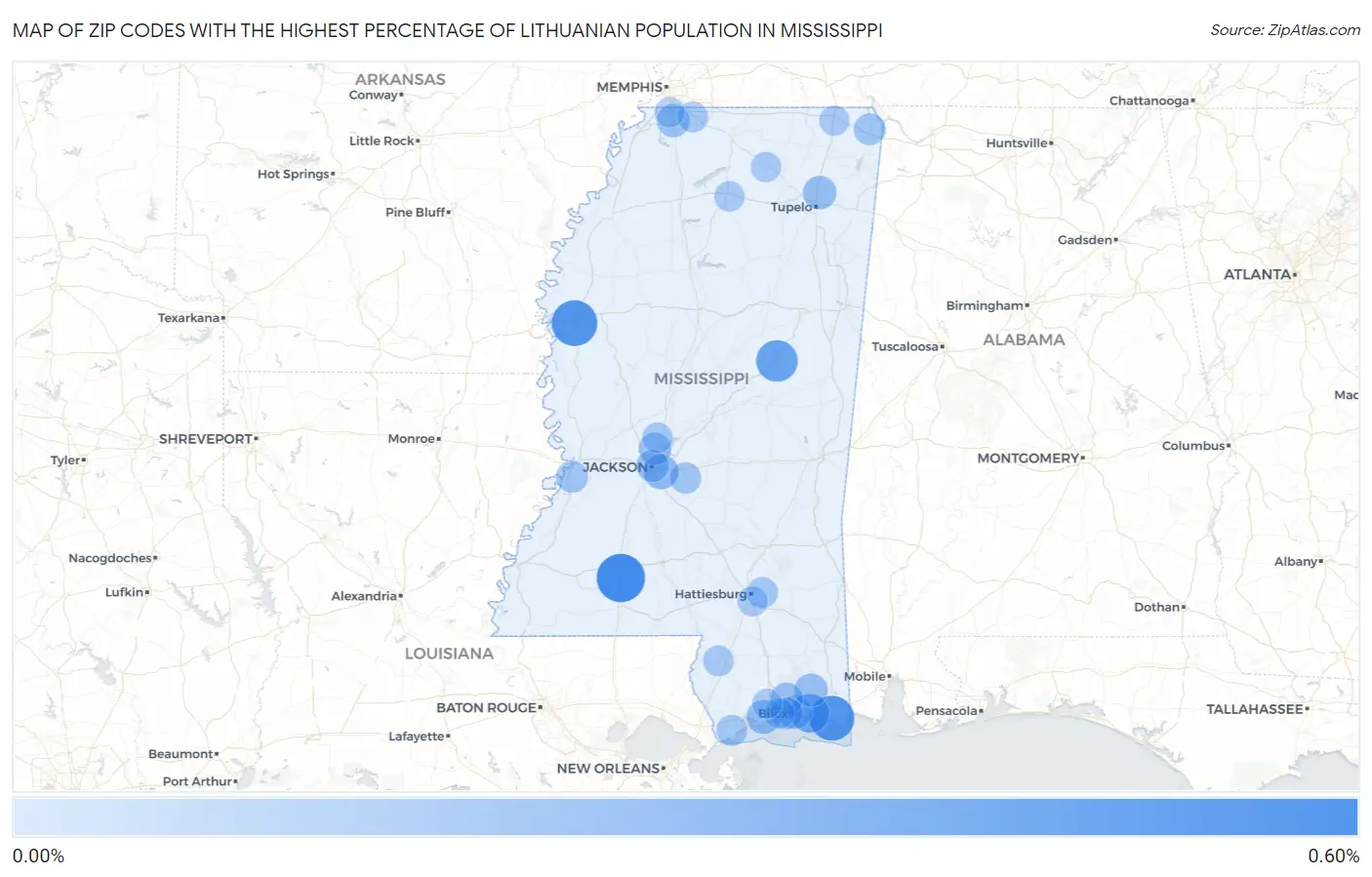 Zip Codes with the Highest Percentage of Lithuanian Population in Mississippi Map