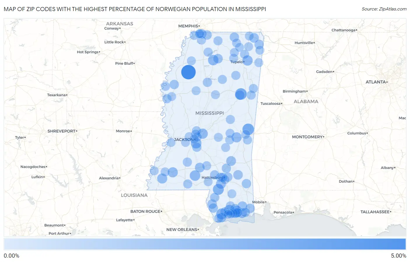 Zip Codes with the Highest Percentage of Norwegian Population in Mississippi Map