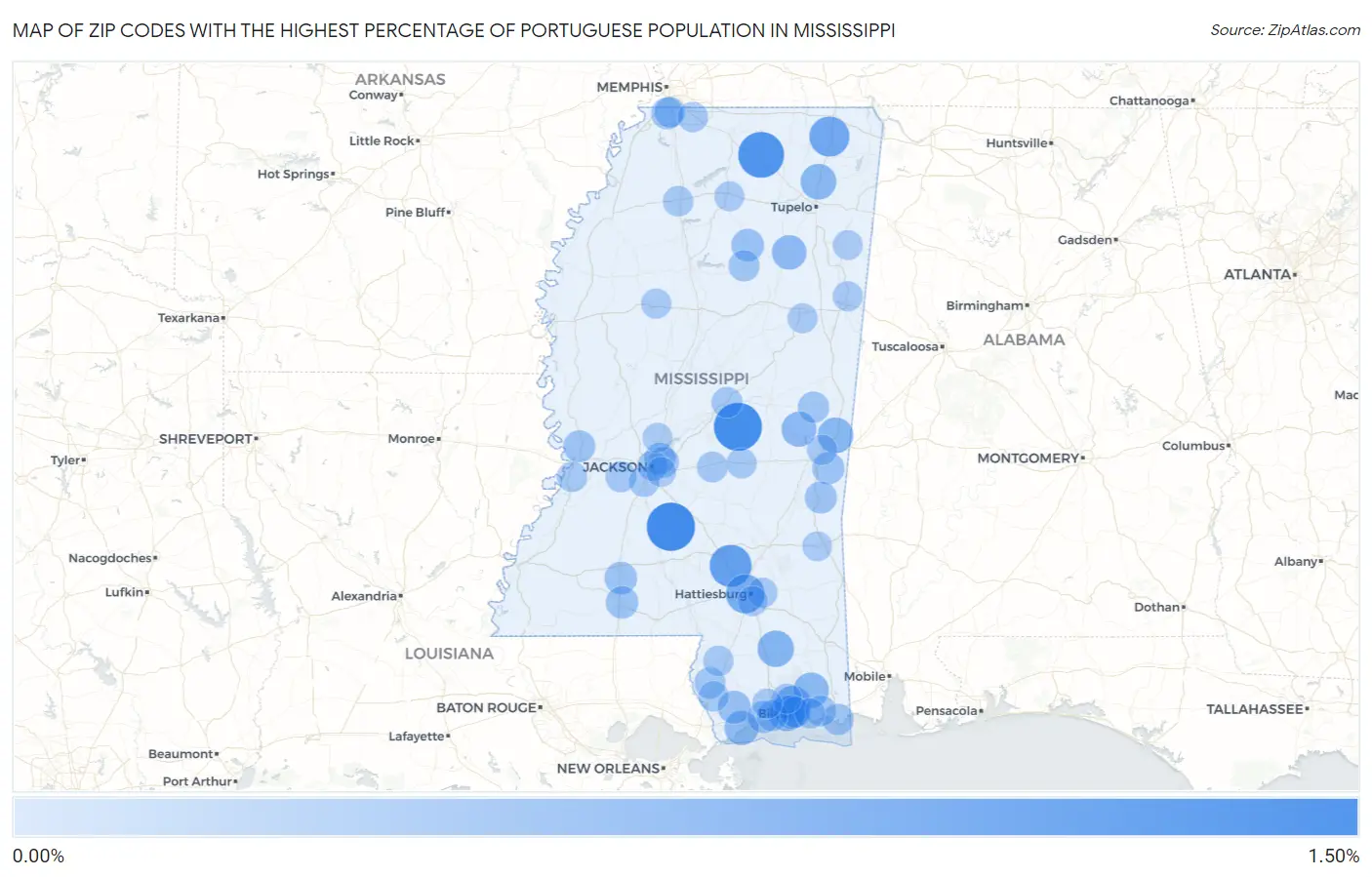 Zip Codes with the Highest Percentage of Portuguese Population in Mississippi Map