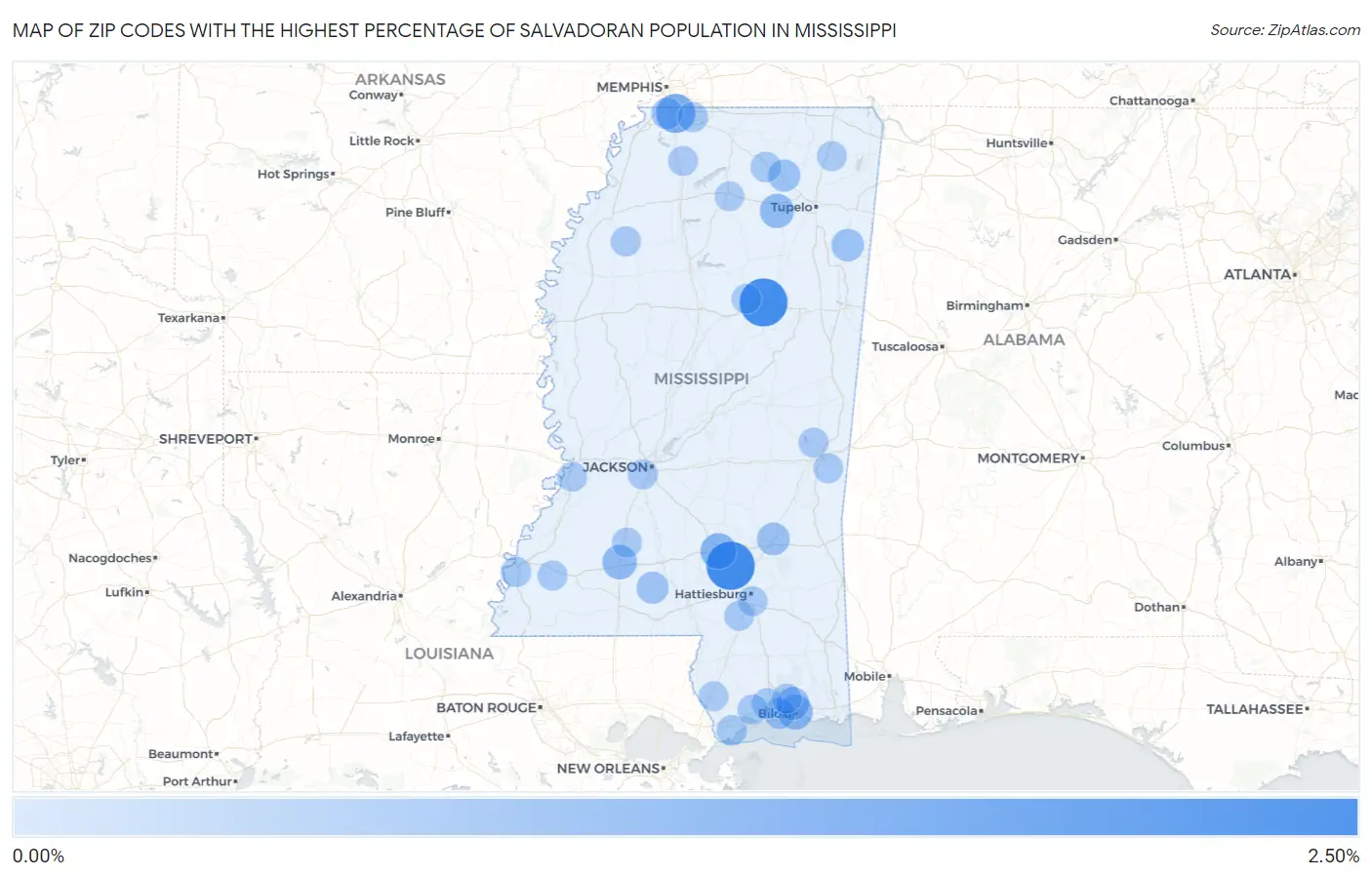 Zip Codes with the Highest Percentage of Salvadoran Population in Mississippi Map