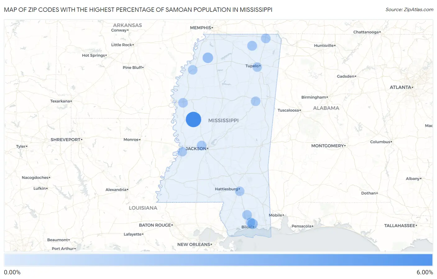 Zip Codes with the Highest Percentage of Samoan Population in Mississippi Map