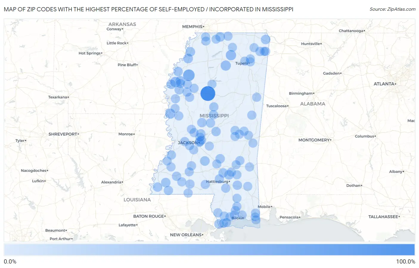 Zip Codes with the Highest Percentage of Self-Employed / Incorporated in Mississippi Map