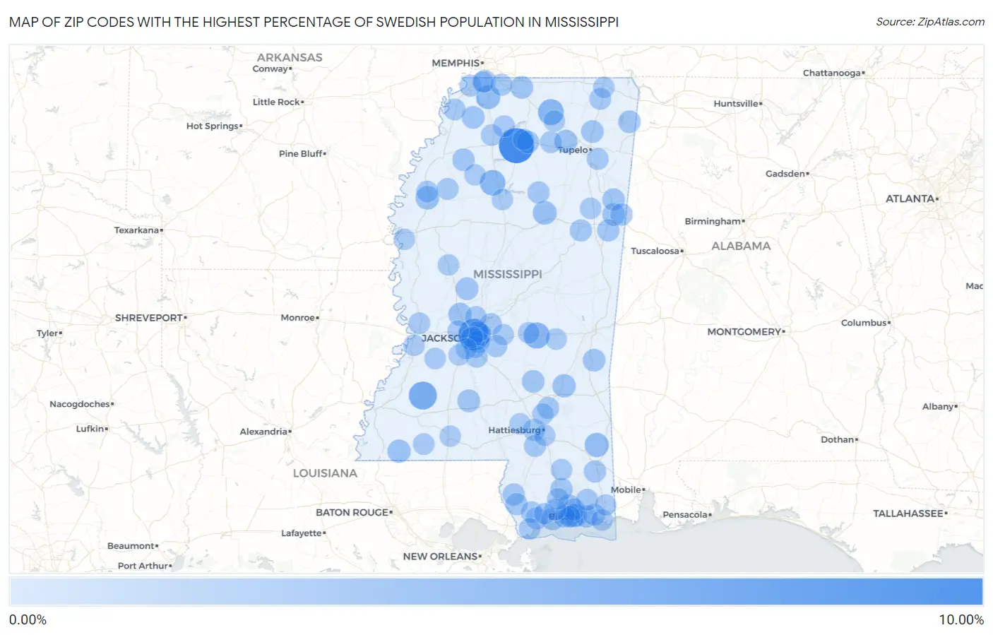 Zip Codes with the Highest Percentage of Swedish Population in Mississippi Map