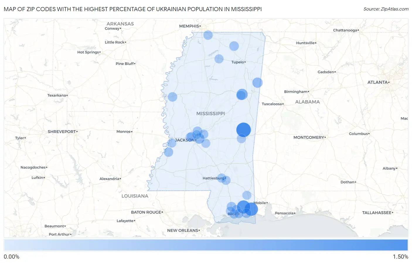 Zip Codes with the Highest Percentage of Ukrainian Population in Mississippi Map