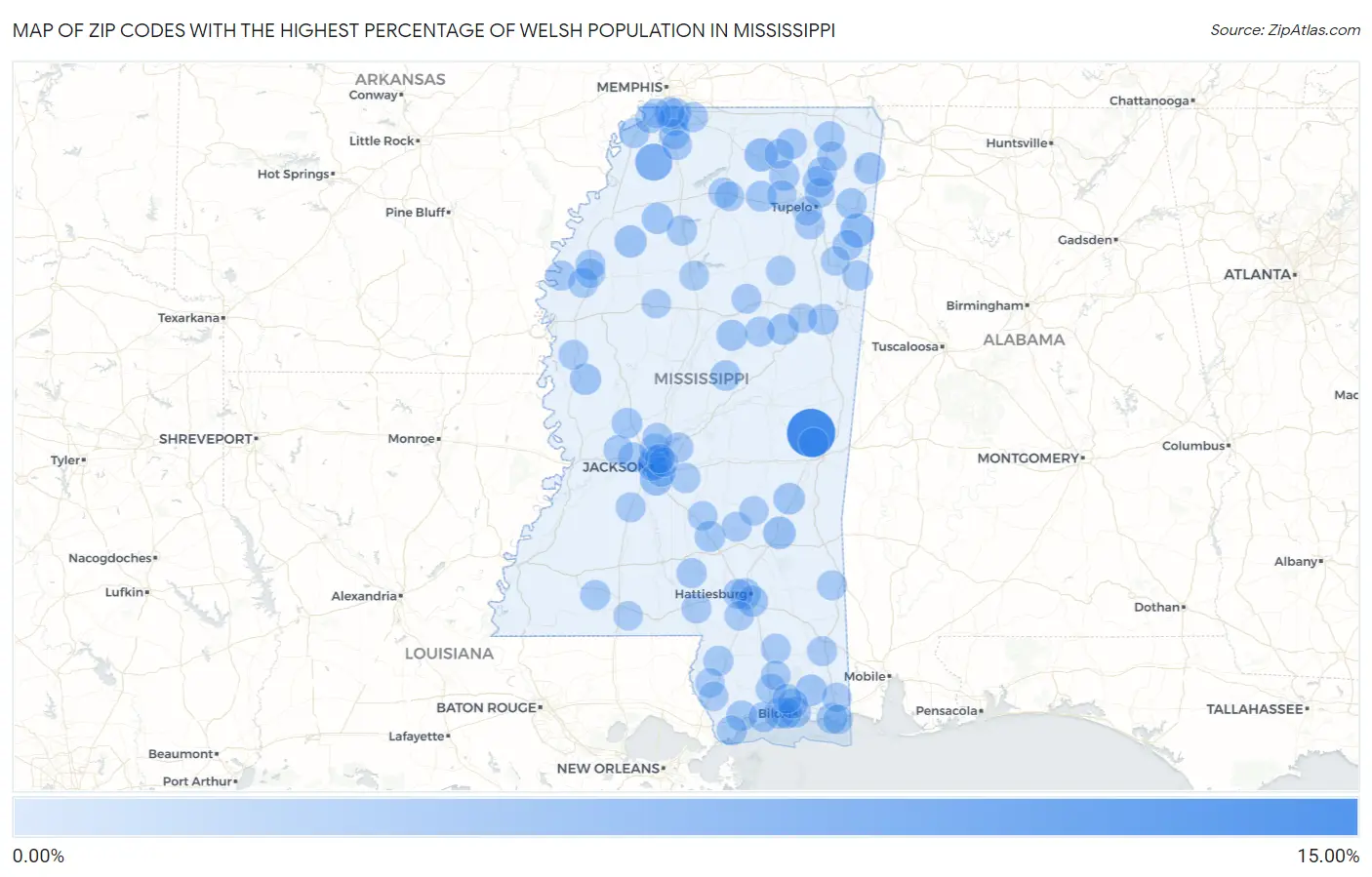 Zip Codes with the Highest Percentage of Welsh Population in Mississippi Map