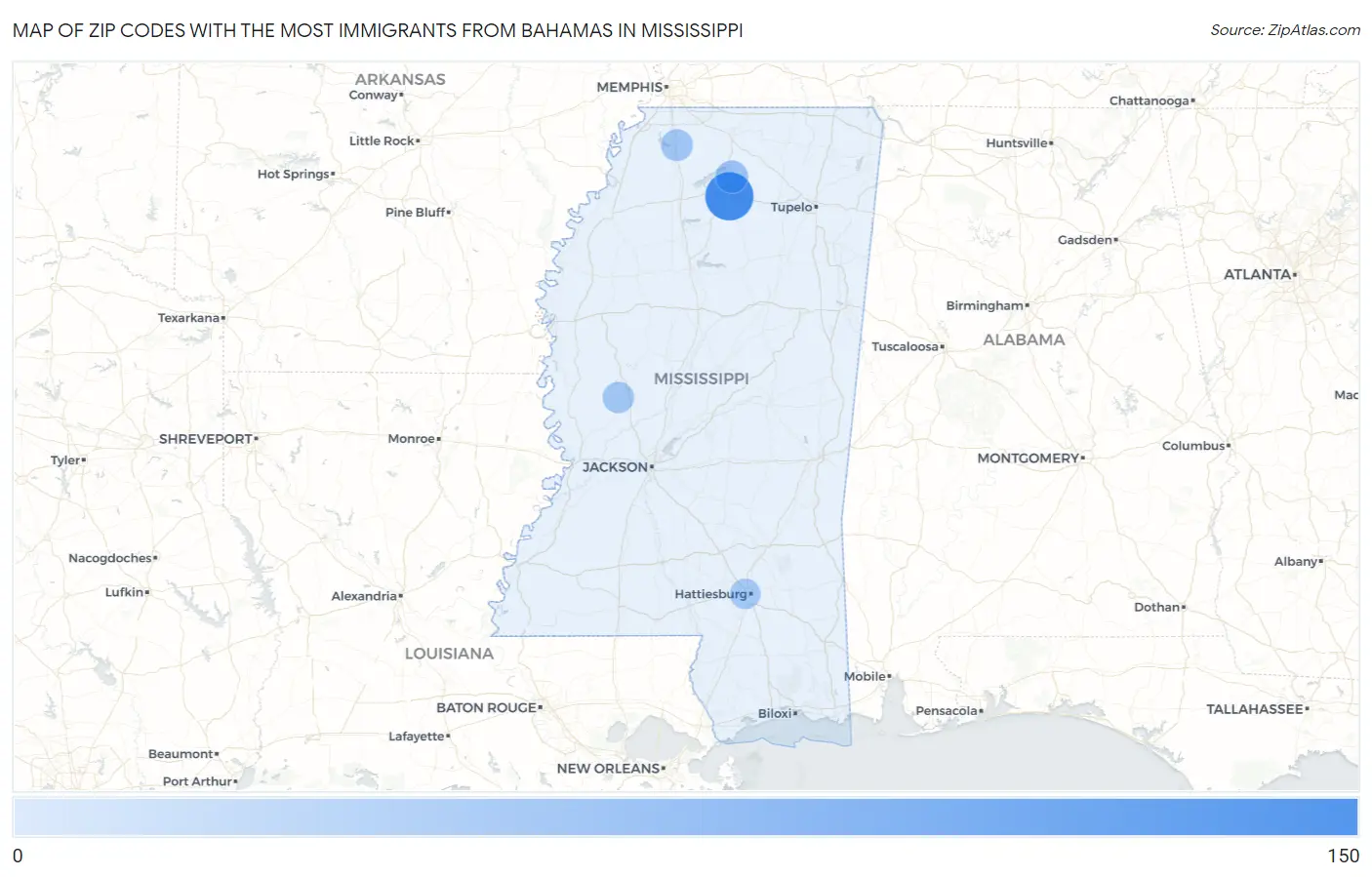 Zip Codes with the Most Immigrants from Bahamas in Mississippi Map