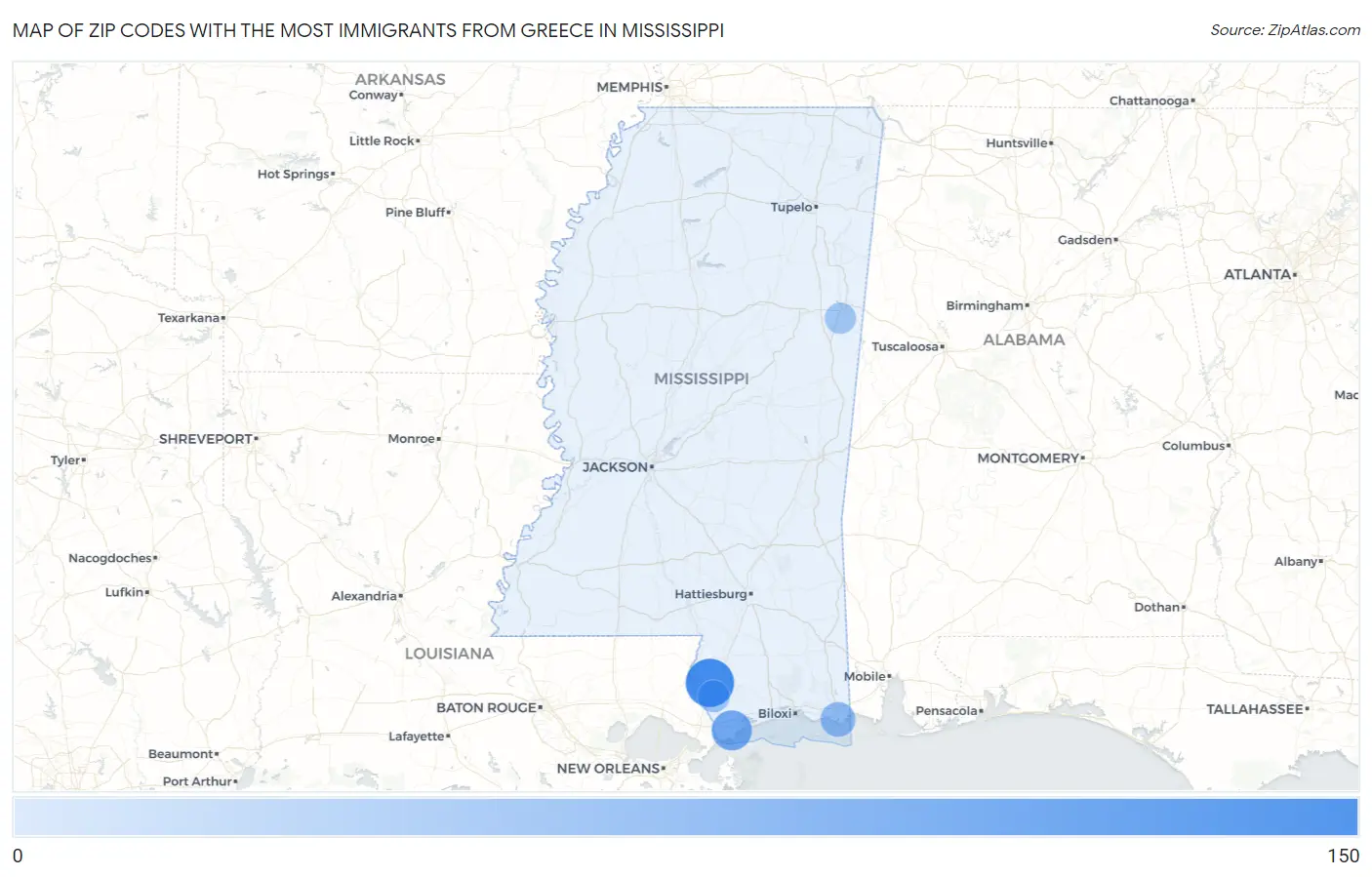 Zip Codes with the Most Immigrants from Greece in Mississippi Map