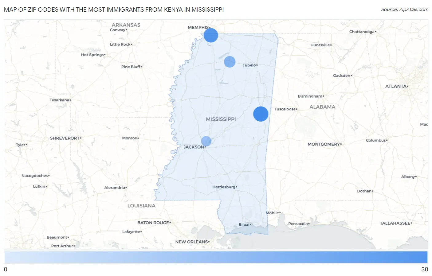 Zip Codes with the Most Immigrants from Kenya in Mississippi Map