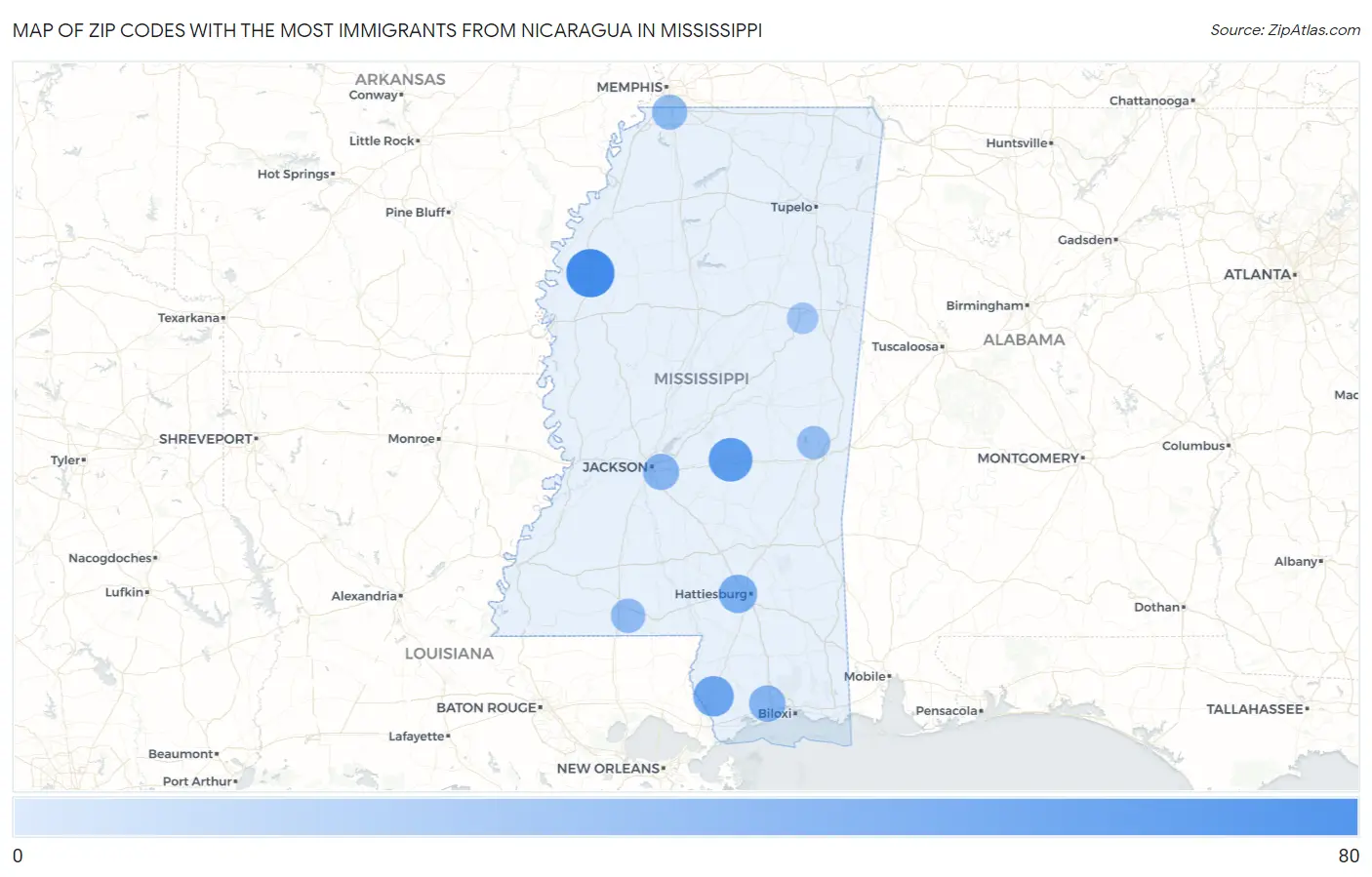 Zip Codes with the Most Immigrants from Nicaragua in Mississippi Map