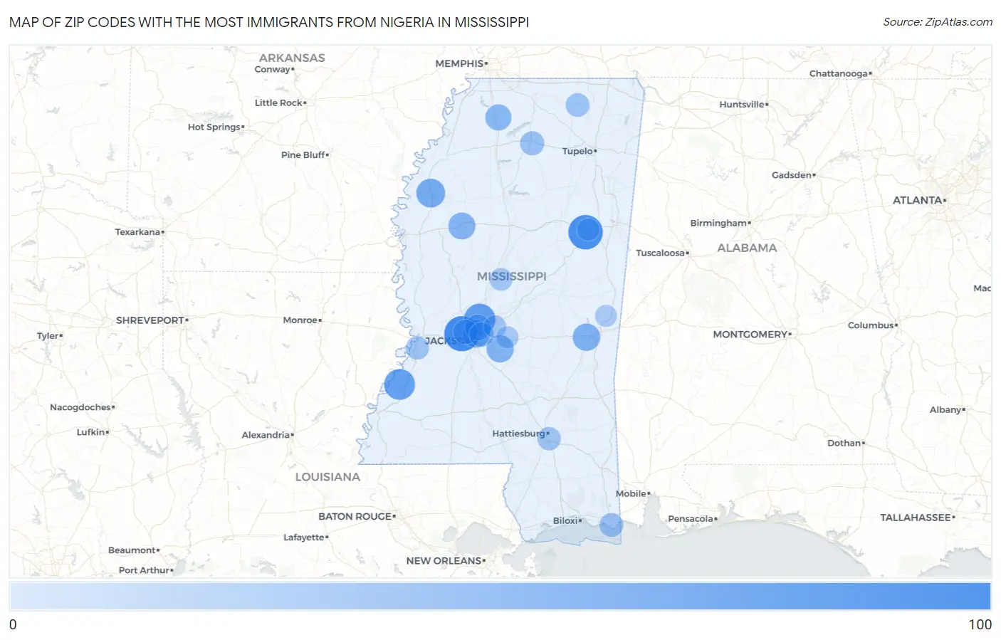 Zip Codes with the Most Immigrants from Nigeria in Mississippi Map