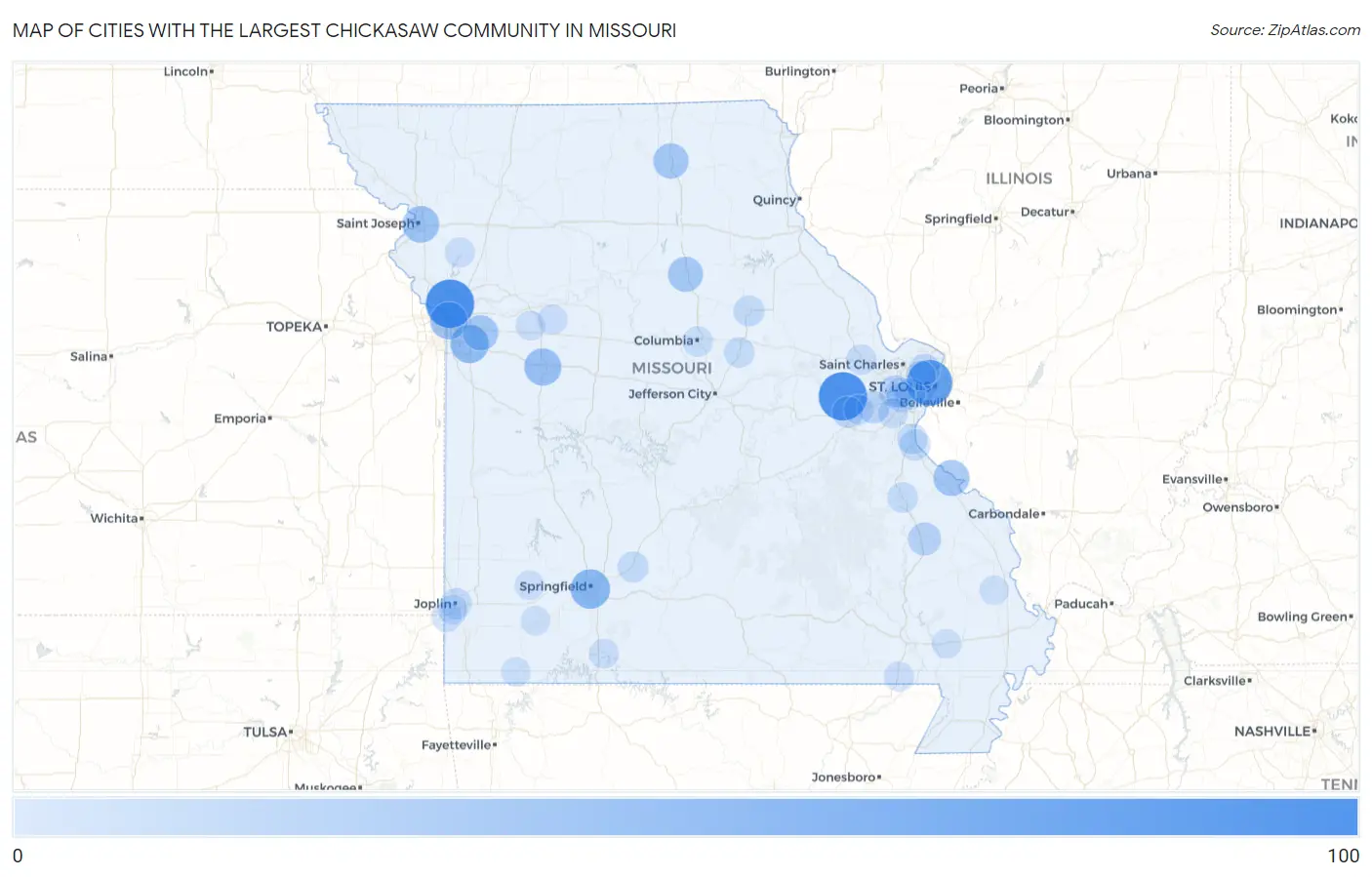 Cities with the Largest Chickasaw Community in Missouri Map