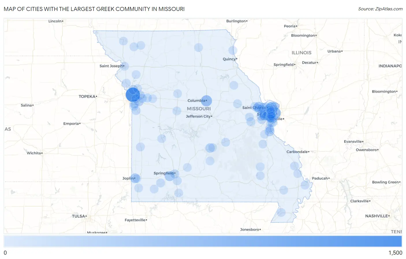 Cities with the Largest Greek Community in Missouri Map