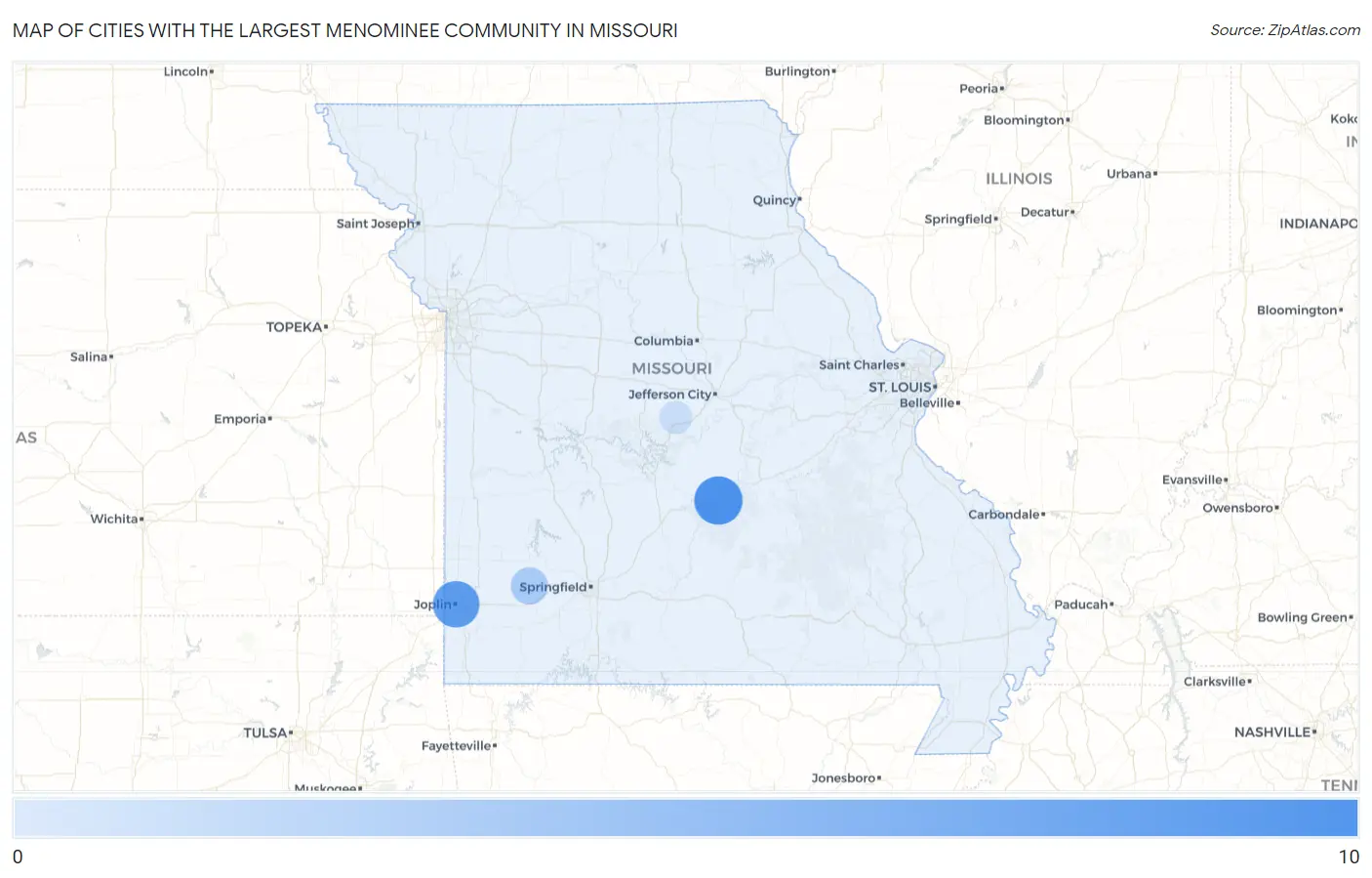 Cities with the Largest Menominee Community in Missouri Map