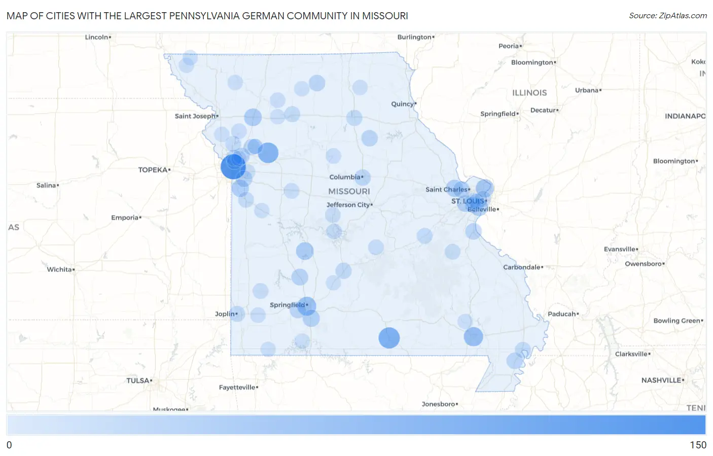 Cities with the Largest Pennsylvania German Community in Missouri Map