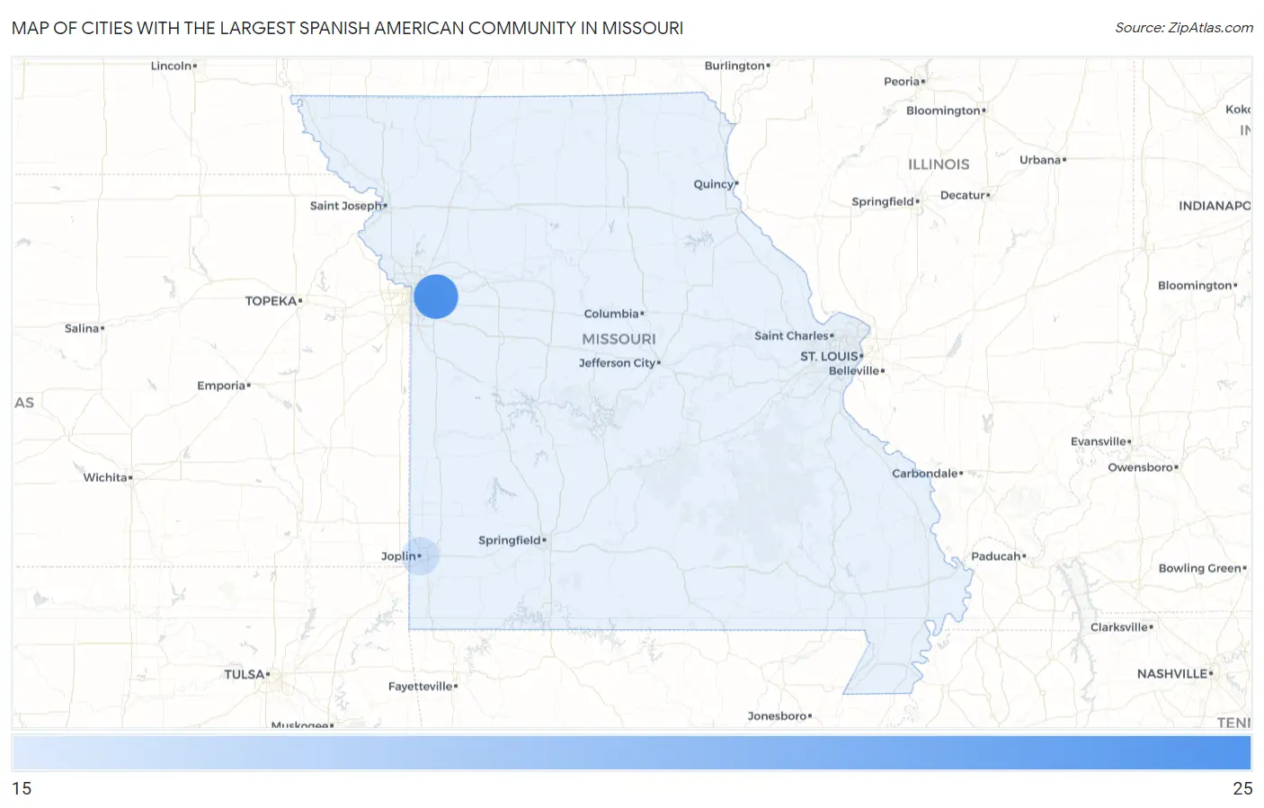 Cities with the Largest Spanish American Community in Missouri Map