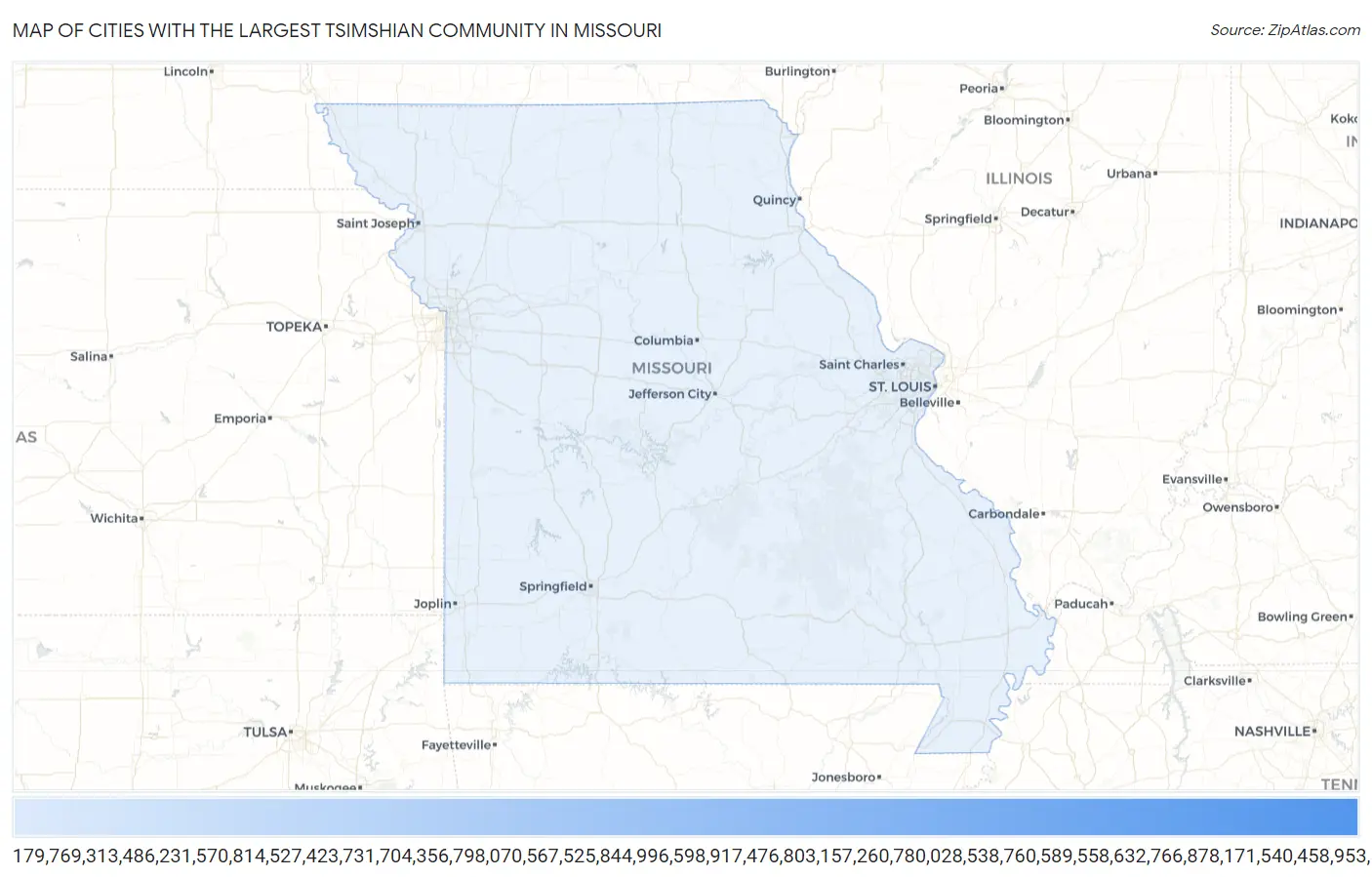 Cities with the Largest Tsimshian Community in Missouri Map