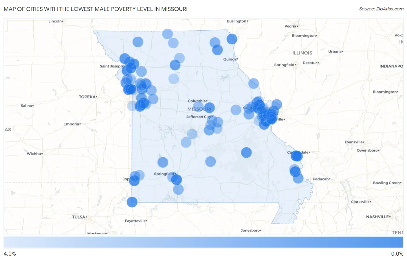 Cities with the Lowest Male Poverty Level in Missouri Map