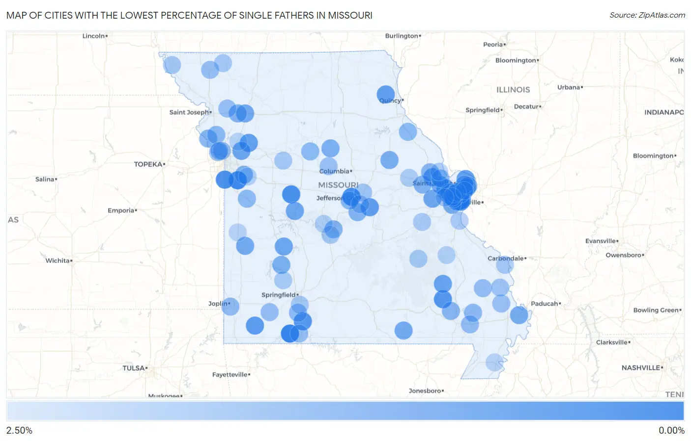 Cities with the Lowest Percentage of Single Fathers in Missouri Map