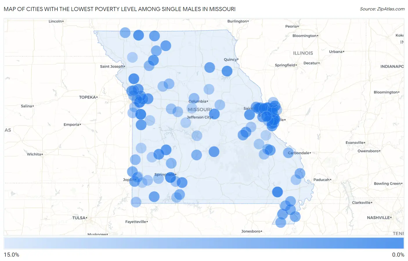 Cities with the Lowest Poverty Level Among Single Males in Missouri Map