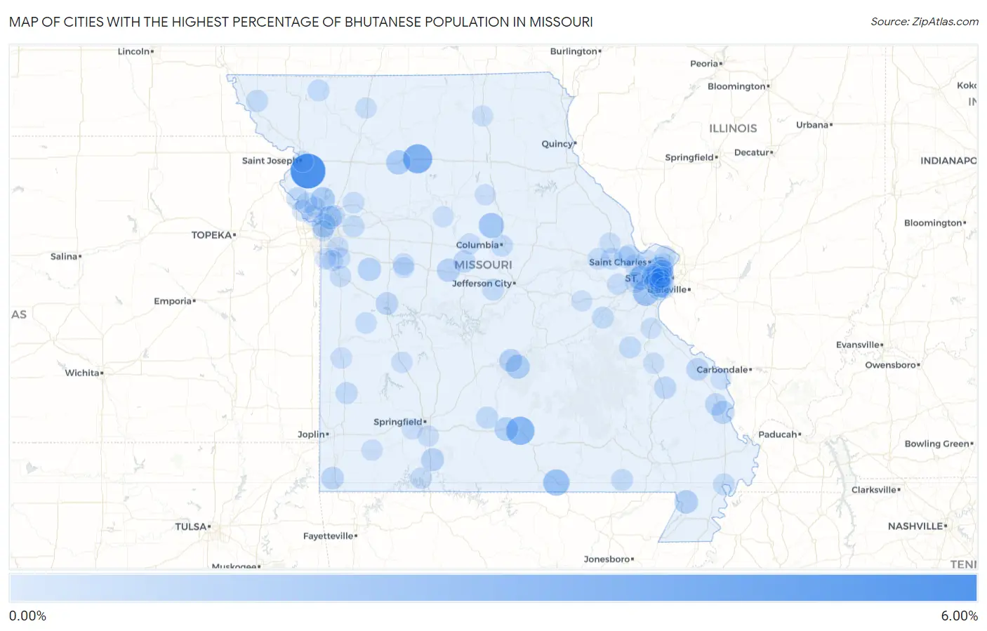 Cities with the Highest Percentage of Bhutanese Population in Missouri Map