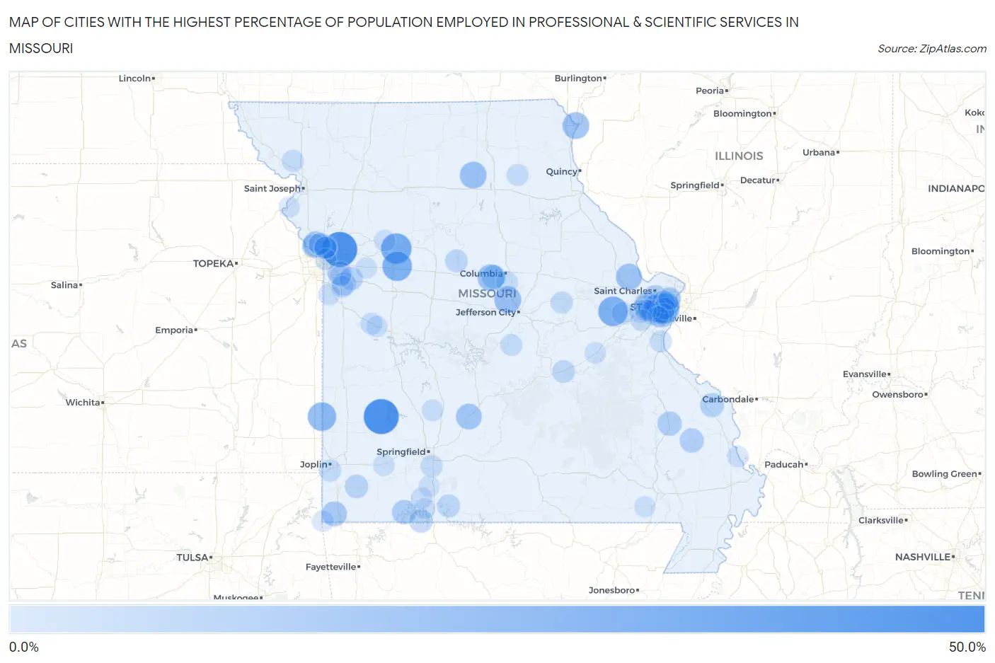 Cities with the Highest Percentage of Population Employed in Professional & Scientific Services in Missouri Map