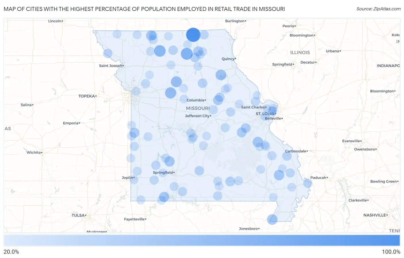 Cities with the Highest Percentage of Population Employed in Retail Trade in Missouri Map