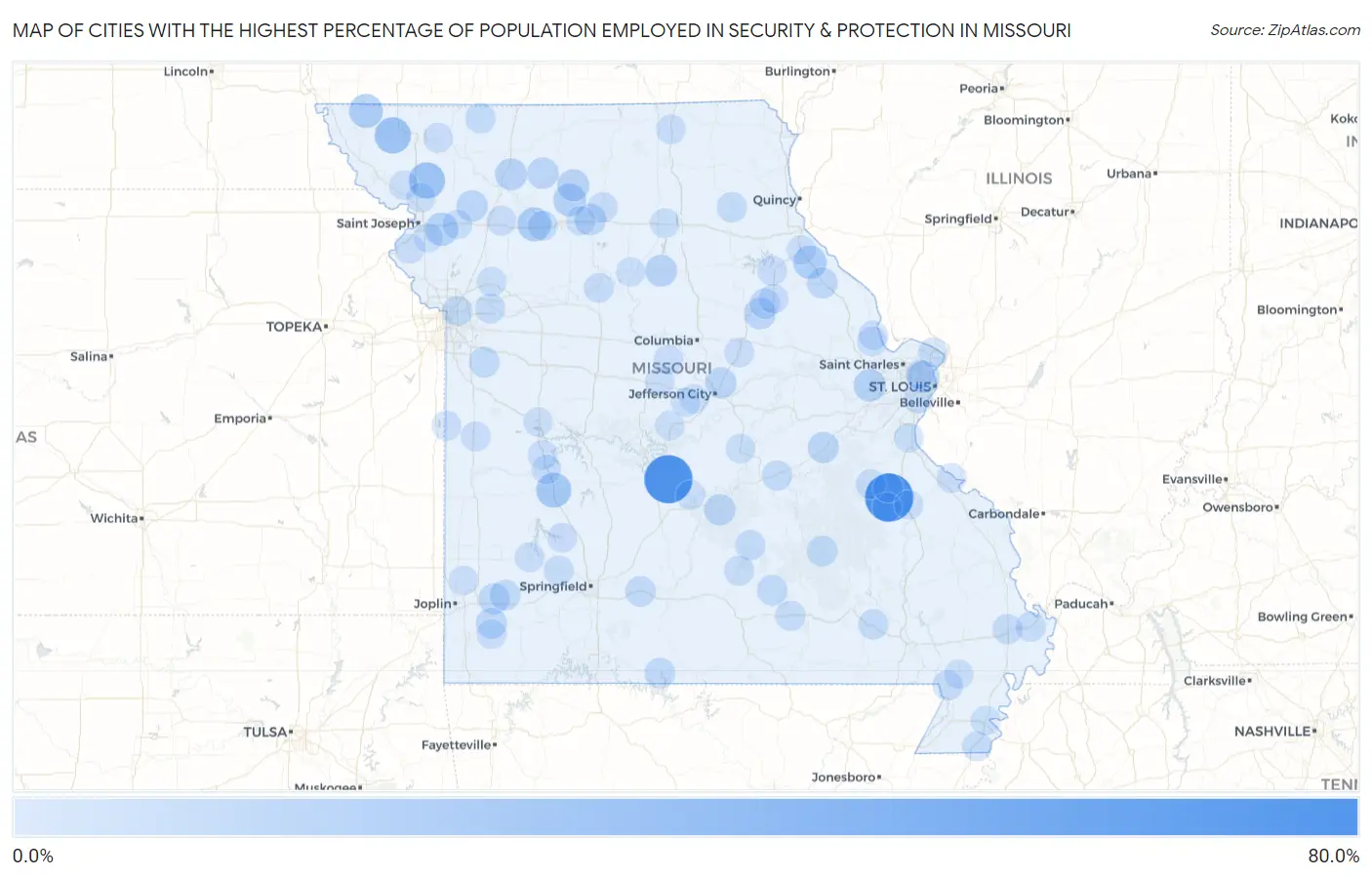 Cities with the Highest Percentage of Population Employed in Security & Protection in Missouri Map