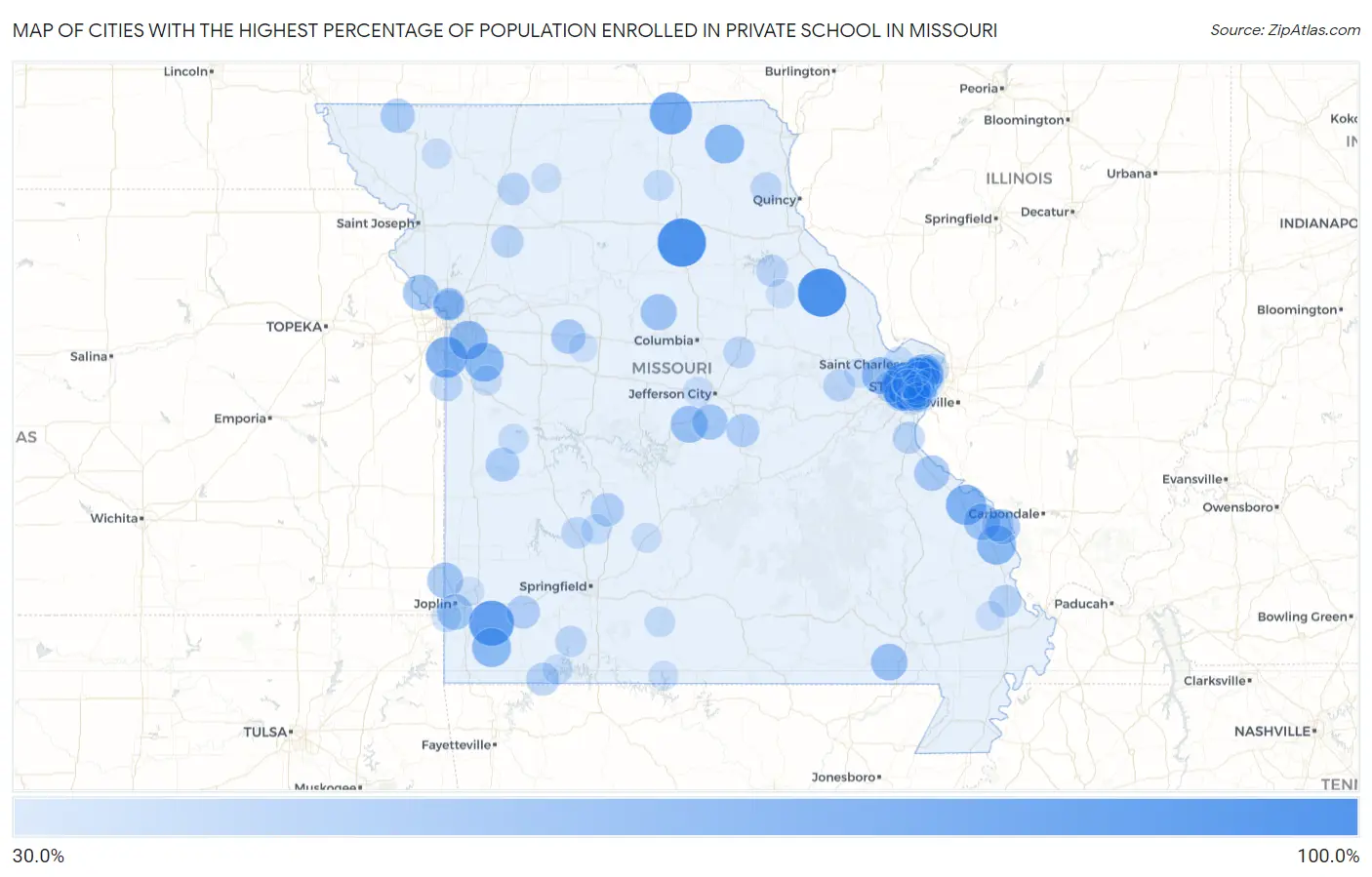 Cities with the Highest Percentage of Population Enrolled in Private School in Missouri Map