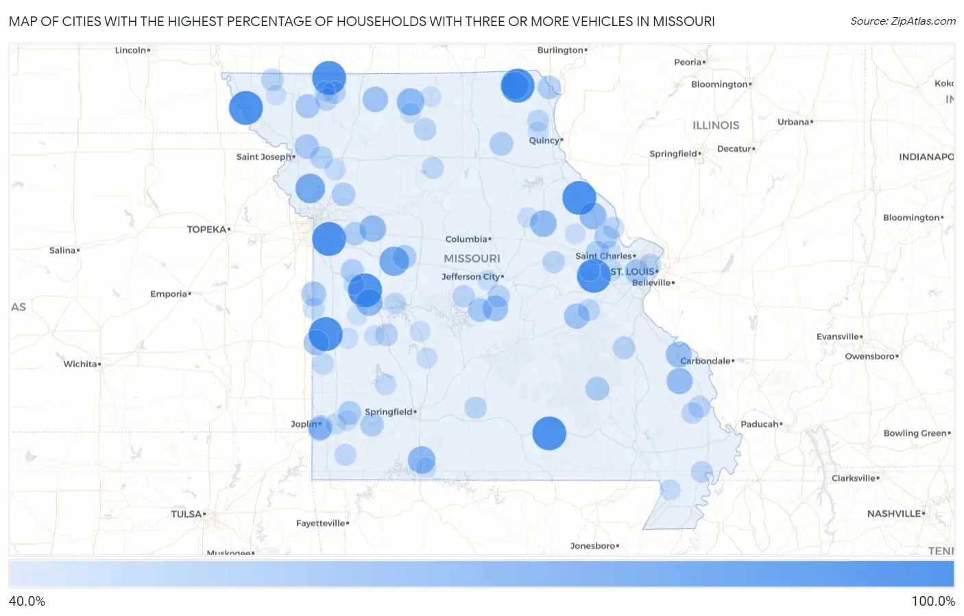 Cities with the Highest Percentage of Households With Three or more Vehicles in Missouri Map