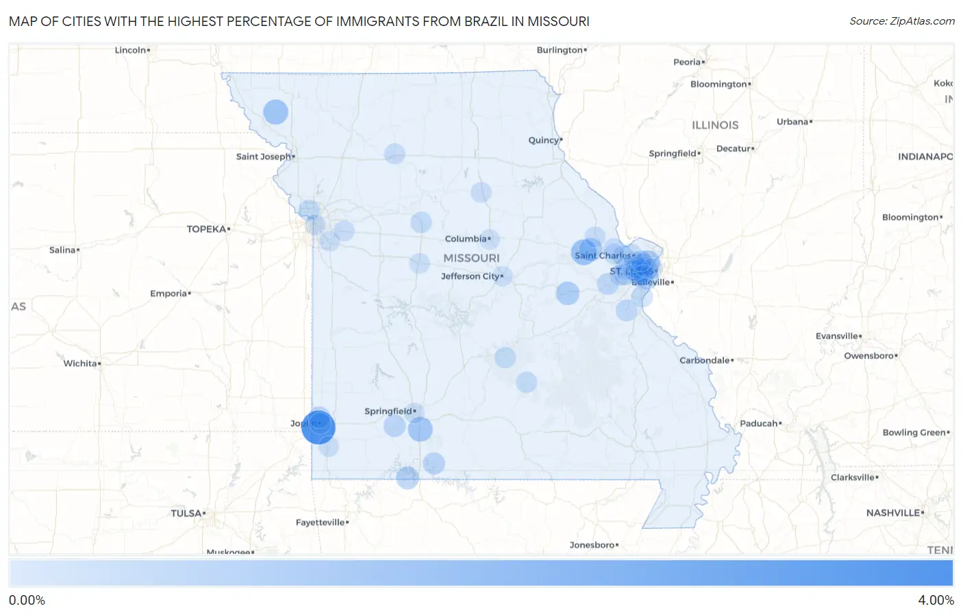 Cities with the Highest Percentage of Immigrants from Brazil in Missouri Map