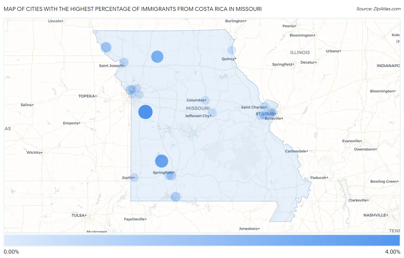 Cities with the Highest Percentage of Immigrants from Costa Rica in Missouri Map
