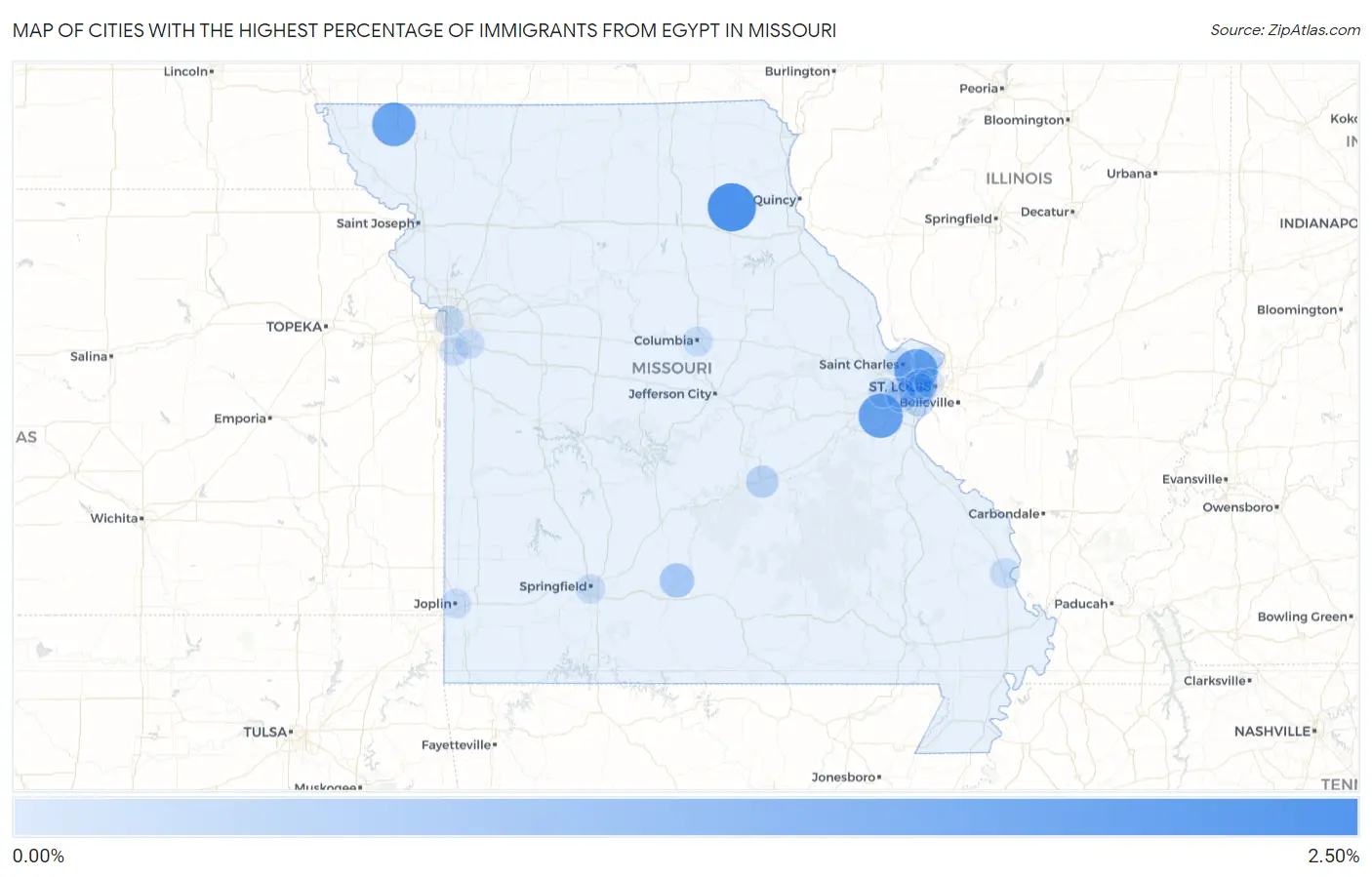 Cities with the Highest Percentage of Immigrants from Egypt in Missouri Map