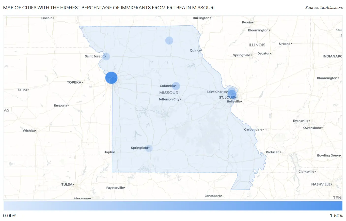 Cities with the Highest Percentage of Immigrants from Eritrea in Missouri Map
