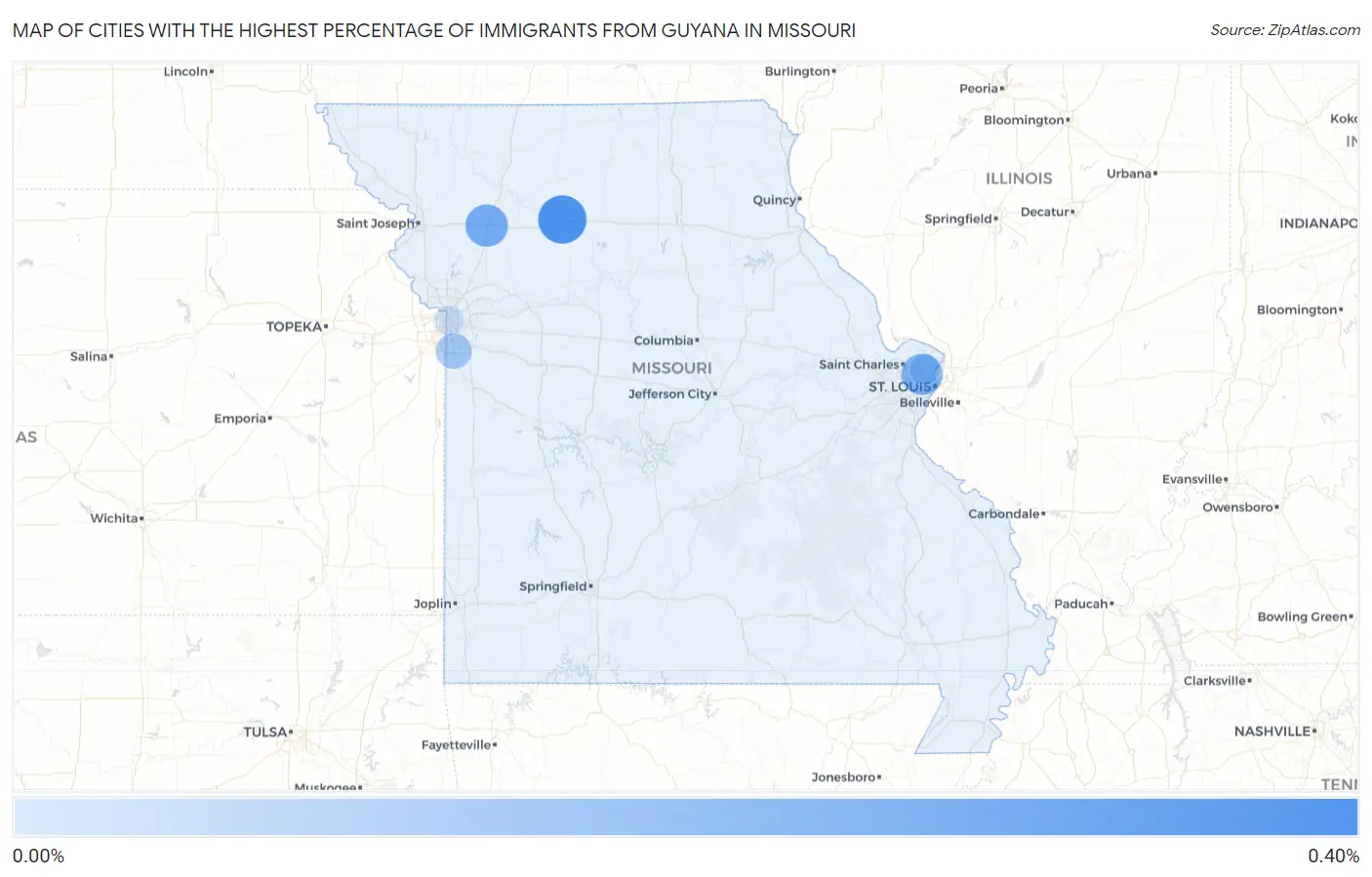 Cities with the Highest Percentage of Immigrants from Guyana in Missouri Map