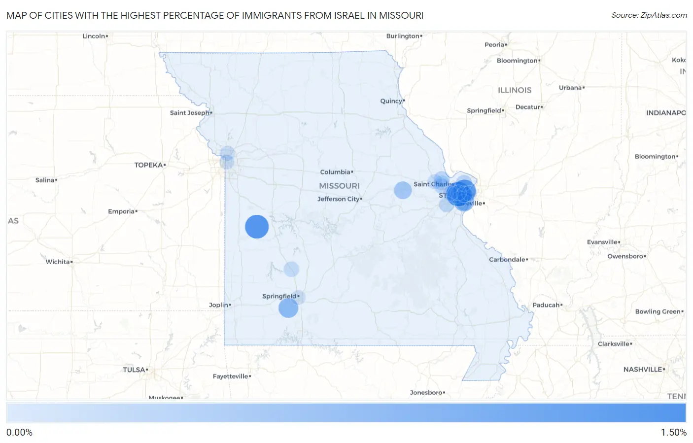 Cities with the Highest Percentage of Immigrants from Israel in Missouri Map