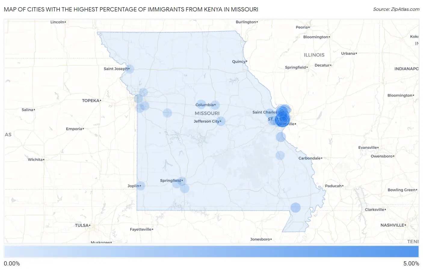 Cities with the Highest Percentage of Immigrants from Kenya in Missouri Map