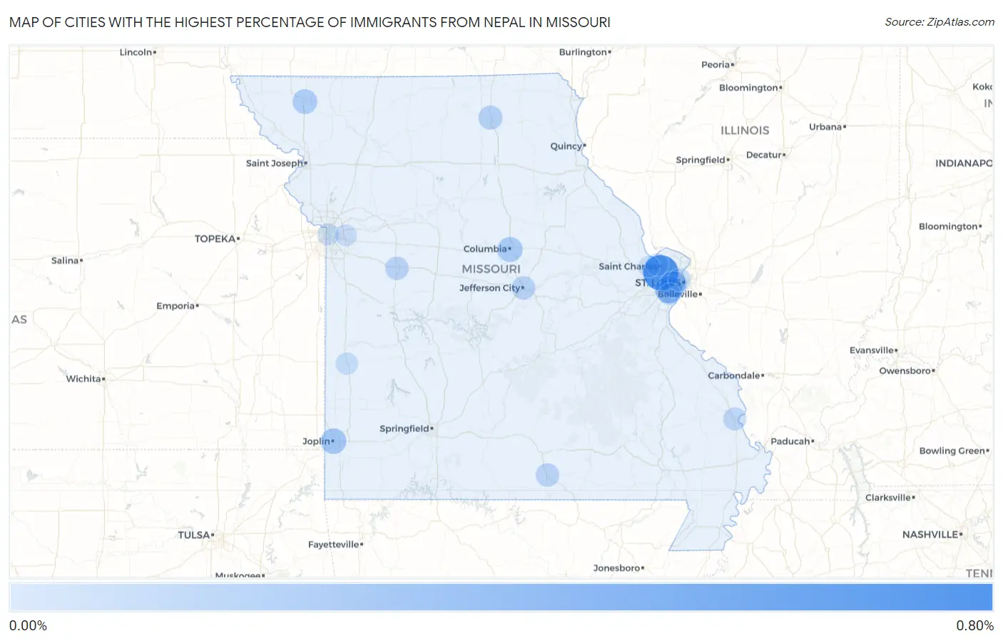 Cities with the Highest Percentage of Immigrants from Nepal in Missouri Map