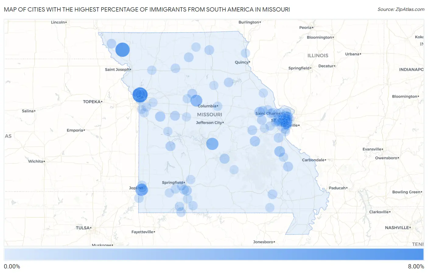 Cities with the Highest Percentage of Immigrants from South America in Missouri Map